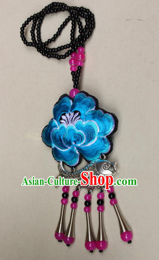 Traditional Chinese Miao Nationality Crafts Jewelry Accessory, Hmong Handmade Miao Silver Fish Beads Tassel Embroidery Peony Pendant, Miao Ethnic Minority Necklace Accessories Sweater Chain Pendant for Women