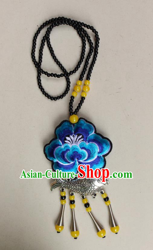 Traditional Chinese Miao Nationality Crafts Jewelry Accessory, Hmong Handmade Miao Silver Fish Beads Tassel Embroidery Peony Pendant, Miao Ethnic Minority Necklace Accessories Sweater Chain Pendant for Women