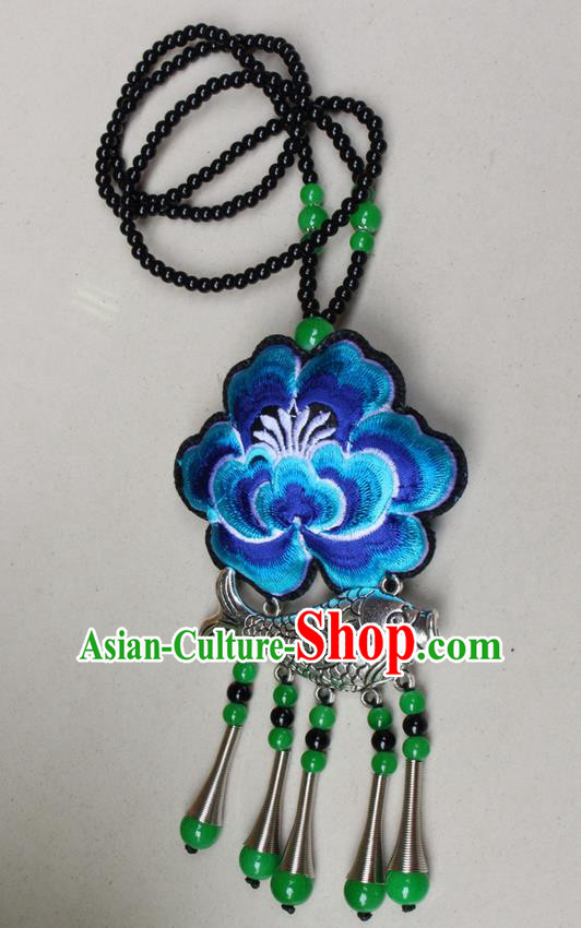 Traditional Chinese Miao Nationality Crafts Jewelry Accessory, Hmong Handmade Miao Silver Fish Beads Tassel Embroidery Peony Pendant, Miao Ethnic Minority Necklace Accessories Sweater Chain Pendant for Women