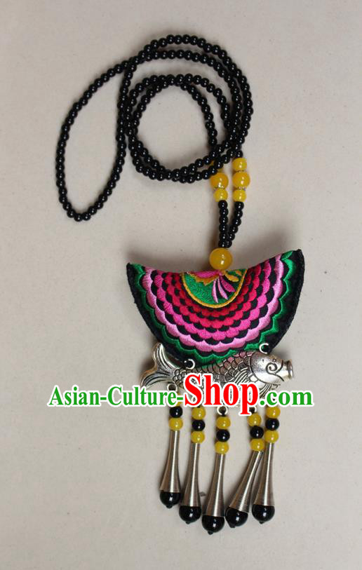 Traditional Chinese Miao Nationality Crafts Jewelry Accessory, Hmong Handmade Miao Silver Fish Beads Tassel Double Side Embroidery Pendant, Miao Ethnic Minority Necklace Accessories Sweater Chain Pendant for Women