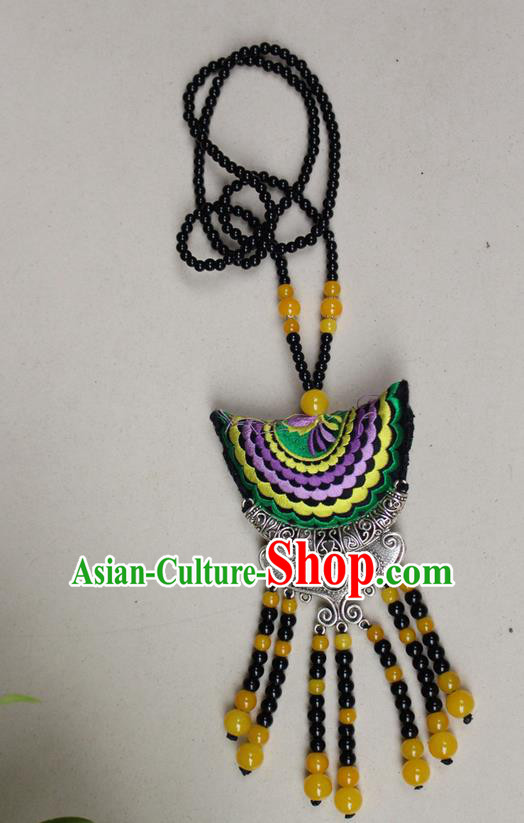 Traditional Chinese Miao Nationality Crafts Jewelry Accessory, Hmong Handmade Miao Silver Fish Beads Tassel Double Side Embroidery Pendant, Miao Ethnic Minority Necklace Accessories Sweater Chain Pendant for Women