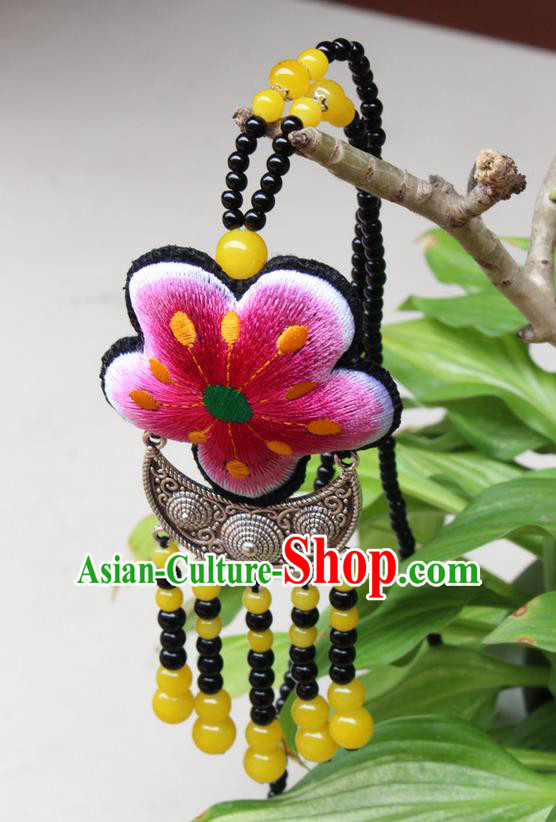 Traditional Chinese Miao Nationality Crafts Jewelry Accessory, Hmong Handmade Black Beads Tassel Double Side Embroidery Flowers Pendant, Miao Ethnic Minority Necklace Accessories Sweater Chain Pendant for Women