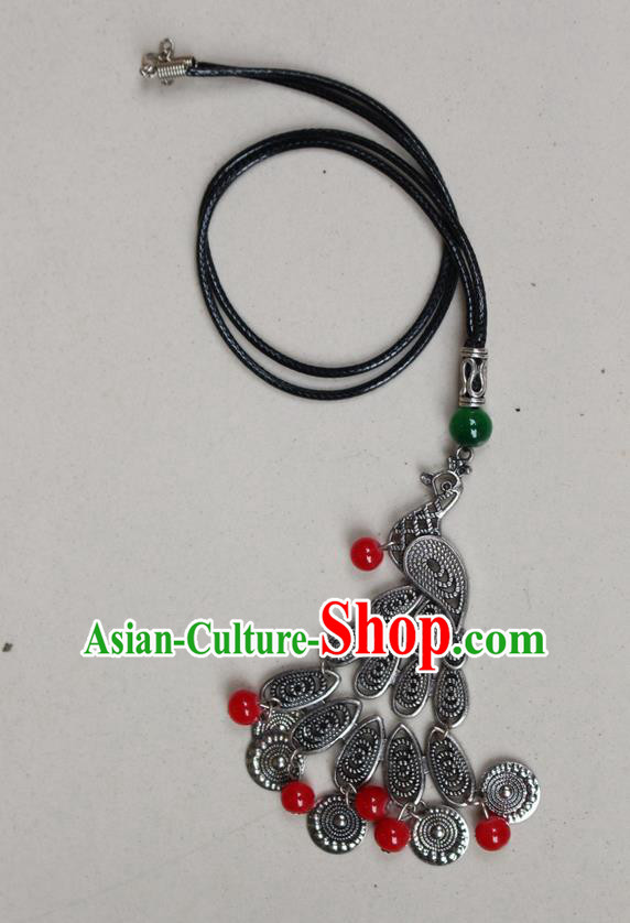 Traditional Chinese Miao Nationality Crafts Jewelry Accessory, Hmong Handmade Miao Silver Peacock Beads Tassel Pendant, Miao Ethnic Minority Black Rope Necklace Accessories Sweater Chain Pendant for Women