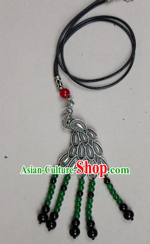 Traditional Chinese Miao Nationality Crafts Jewelry Accessory, Hmong Handmade Miao Silver Peacock Beads Tassel Pendant, Miao Ethnic Minority Black Rope Necklace Accessories Sweater Chain Pendant for Women