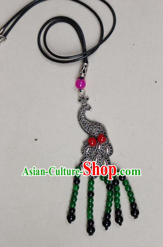 Traditional Chinese Miao Nationality Crafts Jewelry Accessory, Hmong Handmade Miao Silver Peacock Beads Tassel Pendant, Miao Ethnic Minority Black Rope Necklace Accessories Sweater Chain Pendant for Women