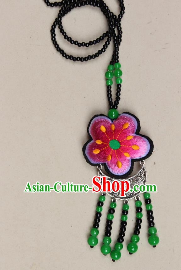 Traditional Chinese Miao Nationality Crafts Jewelry Accessory, Hmong Handmade Black Beads Tassel Double Side Embroidery Flowers Pendant, Miao Ethnic Minority Necklace Accessories Sweater Chain Pendant for Women