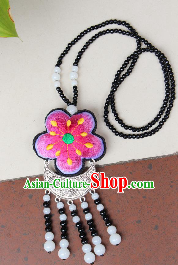 Traditional Chinese Miao Nationality Crafts Jewelry Accessory, Hmong Handmade Black Beads Miao Silver Tassel Double Side Embroidery Flowers Pendant, Miao Ethnic Minority Necklace Accessories Sweater Chain Pendant for Women