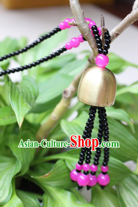 Traditional Chinese Miao Nationality Crafts Jewelry Accessory, Hmong Handmade Copper Bell Beads Tassel Pendant, Miao Ethnic Minority Avoid Evil Necklace Accessories Sweater Chain Pendant for Women