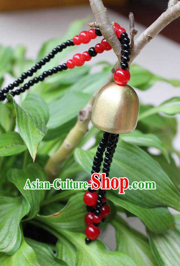 Traditional Chinese Miao Nationality Crafts Jewelry Accessory, Hmong Handmade Copper Bell Beads Tassel Pendant, Miao Ethnic Minority Avoid Evil Necklace Accessories Sweater Chain Pendant for Women