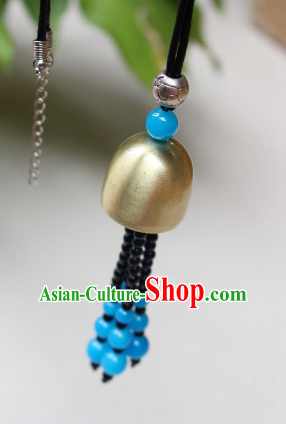 Traditional Chinese Miao Nationality Crafts Jewelry Accessory, Hmong Handmade Copper Bell Beads Tassel Pendant, Miao Ethnic Minority Avoid Evil Necklace Accessories Sweater Chain Pendant for Women