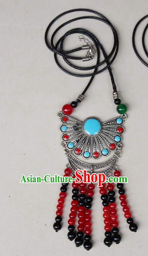 Traditional Chinese Miao Nationality Crafts Jewelry Accessory, Hmong Handmade Miao Silver Beads Tassel Pendant, Miao Ethnic Minority Black Rope Necklace Accessories Sweater Chain Pendant for Women