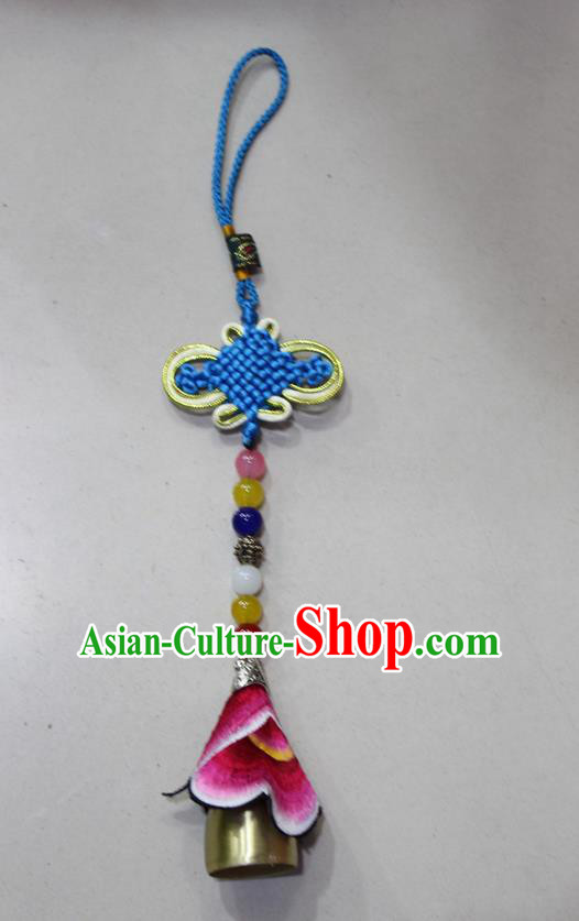 Traditional Chinese Miao Nationality Crafts Jewelry Accessory, Hmong Handmade Copper Bell Tassel Chinese Knot Embroidery Pendant, Miao Ethnic Minority Haven Evil Bell Car Accessories Pendant