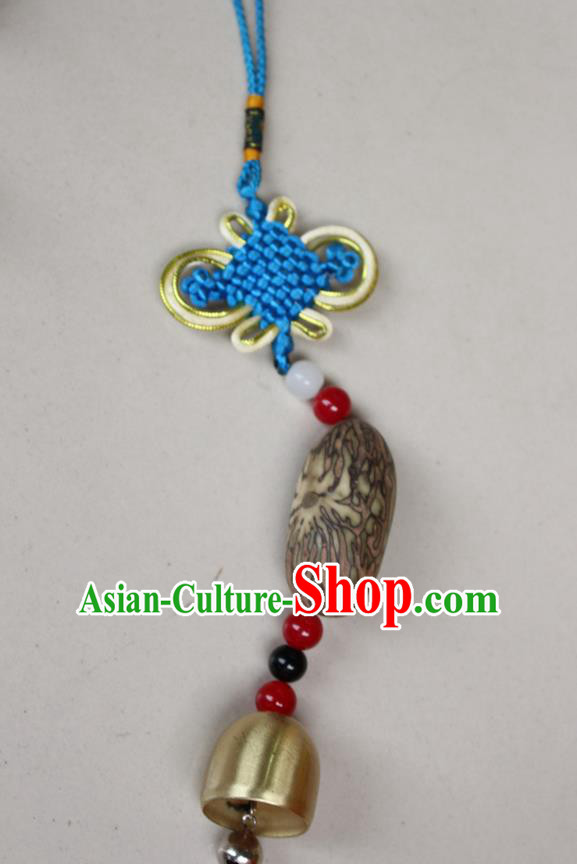 Traditional Chinese Miao Nationality Crafts Jewelry Accessory, Hmong Handmade Copper Bell Tassel Blue Chinese Knot Bodhi Seed Pendant, Miao Ethnic Minority Haven Evil Bell Car Accessories Pendant