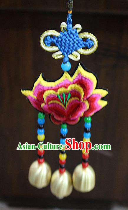 Traditional Chinese Miao Nationality Crafts Jewelry Accessory, Hmong Handmade Copper Bell Tassel Chinese Knot Embroidery Pendant, Miao Ethnic Minority Haven Evil Bell Car Accessories Pendant