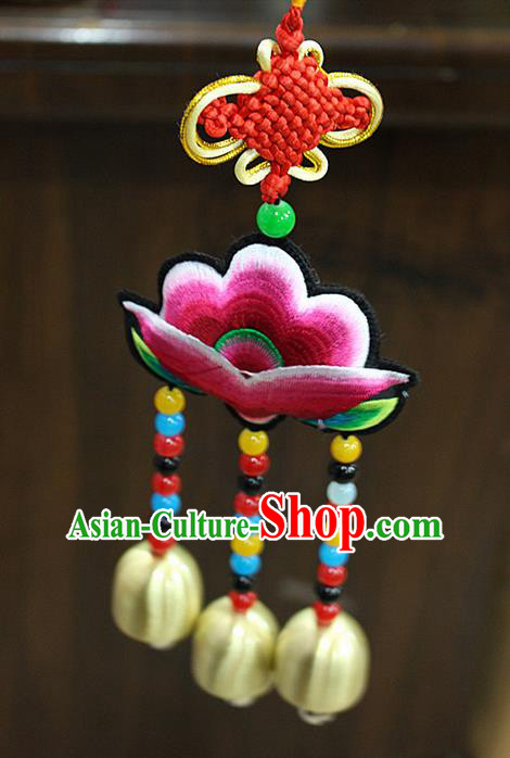 Traditional Chinese Miao Nationality Crafts Jewelry Accessory, Hmong Handmade Copper Bells Tassel Chinese Knot Embroidery Pendant, Miao Ethnic Minority Haven Evil Bell Car Accessories Pendant