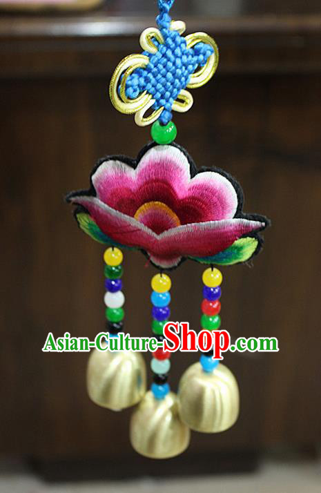 Traditional Chinese Miao Nationality Crafts Jewelry Accessory, Hmong Handmade Copper Bells Tassel Chinese Knot Embroidery Pendant, Miao Ethnic Minority Haven Evil Bell Car Accessories Pendant