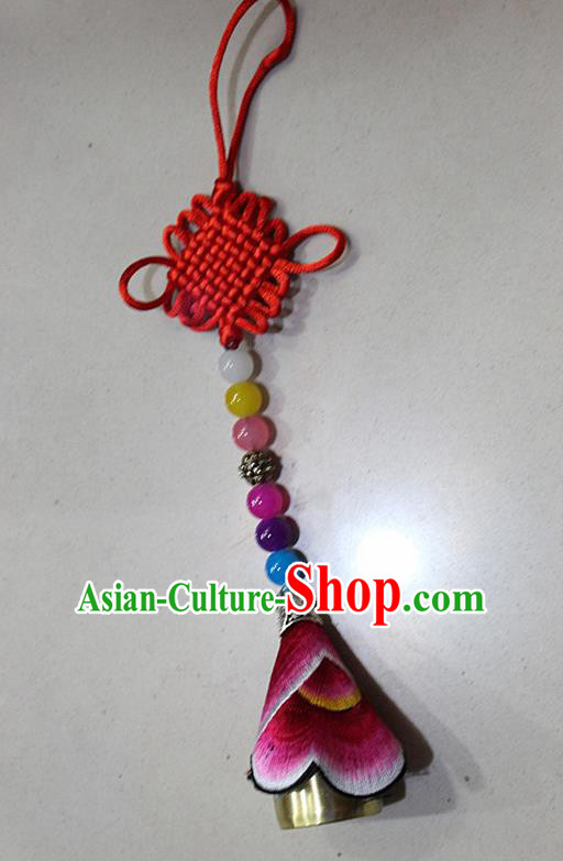 Traditional Chinese Miao Nationality Crafts Jewelry Accessory, Hmong Handmade Copper Bell Tassel Chinese Knot Embroidery Pendant, Miao Ethnic Minority Haven Evil Bell Car Accessories Pendant