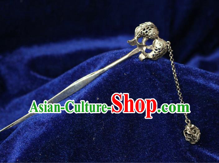 Traditional Chinese Miao Nationality Crafts Jewelry Accessory Classical Hair Accessories, Hmong Handmade Miao Silver Fish Palace Lady Tassel Hair Sticks Hair Claw, Miao Ethnic Minority Hair Fascinators Hairpins for Women