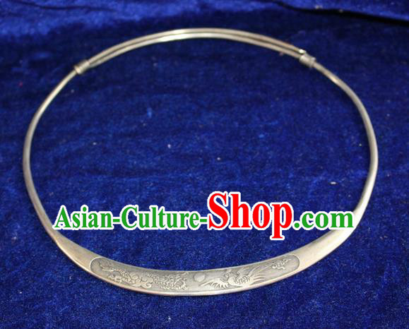 Traditional Chinese Miao Nationality Crafts Jewelry Accessory, Hmong Handmade Miao Silver Dragon-Phoenix Collar, Miao Ethnic Minority Palace Silver Necklace for Women