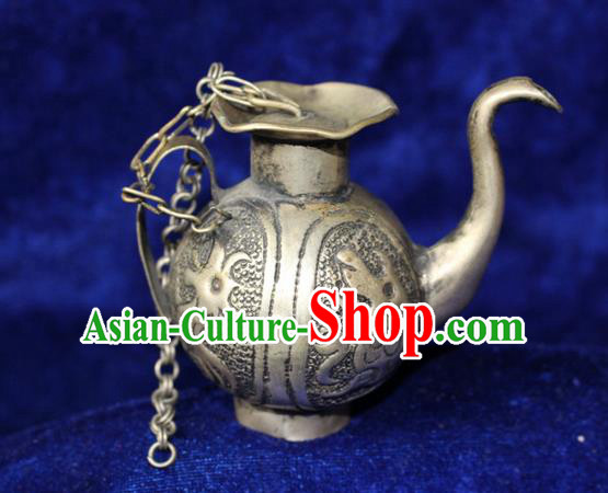 Traditional Chinese Miao Nationality Crafts Accessory, Hmong Handmade Miao Silver Kettle, Miao Ethnic Minority Palace Silver Wine Pot