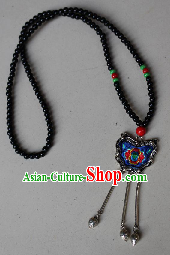 Traditional Chinese Miao Nationality Crafts Jewelry Accessory, Hmong Handmade Miao Silver Beads Tassel Embroidery Flowers Pendant, Miao Ethnic Minority Bells Necklace Accessories Sweater Chain Pendant for Women