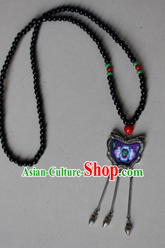 Traditional Chinese Miao Nationality Crafts Jewelry Accessory, Hmong Handmade Miao Silver Beads Tassel Embroidery Flowers Pendant, Miao Ethnic Minority Bells Necklace Accessories Sweater Chain Pendant for Women