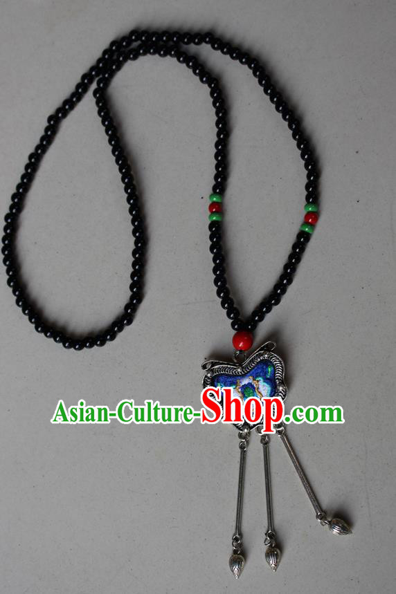 Traditional Chinese Miao Nationality Crafts Jewelry Accessory, Hmong Handmade Miao Silver Beads Tassel Embroidery Flowers Pendant, Miao Ethnic Minority Bells Necklace Accessories Sweater Chain Pendant for Women