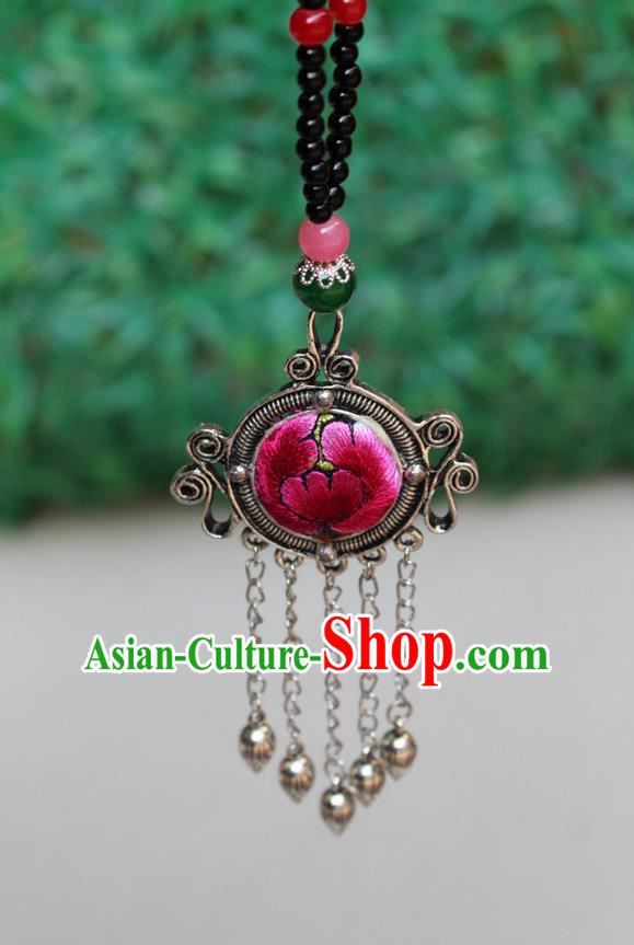 Traditional Chinese Miao Nationality Crafts Jewelry Accessory, Hmong Handmade Miao Silver Bells Tassel Double Side Embroidery Flowers Round Pendant, Miao Ethnic Minority Bells Necklace Accessories Sweater Chain Pendant for Women