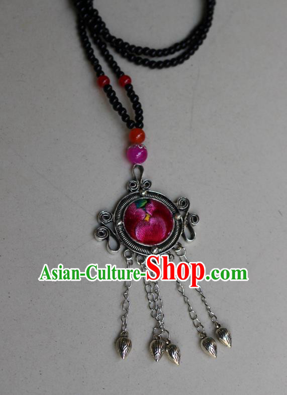 Traditional Chinese Miao Nationality Crafts Jewelry Accessory, Hmong Handmade Miao Silver Bells Tassel Double Side Embroidery Flowers Round Pendant, Miao Ethnic Minority Bells Necklace Accessories Sweater Chain Pendant for Women