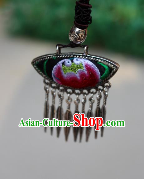 Traditional Chinese Miao Nationality Crafts Jewelry Accessory, Hmong Handmade Miao Silver Tassel Embroidery Flowers Pendant, Miao Ethnic Minority Bells Necklace Accessories Sweater Chain Pendant for Women