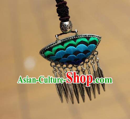 Traditional Chinese Miao Nationality Crafts Jewelry Accessory, Hmong Handmade Miao Silver Tassel Embroidery Flowers Pendant, Miao Ethnic Minority Bells Necklace Accessories Sweater Chain Pendant for Women