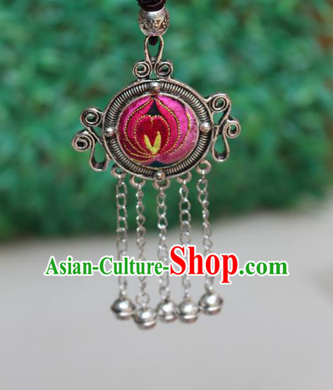 Traditional Chinese Miao Nationality Crafts Jewelry Accessory, Hmong Handmade Miao Silver Bells Tassel Double Side Embroidery Flowers Round Pendant, Miao Ethnic Minority Bells Necklace Accessories Sweater Chain Pendant for Women