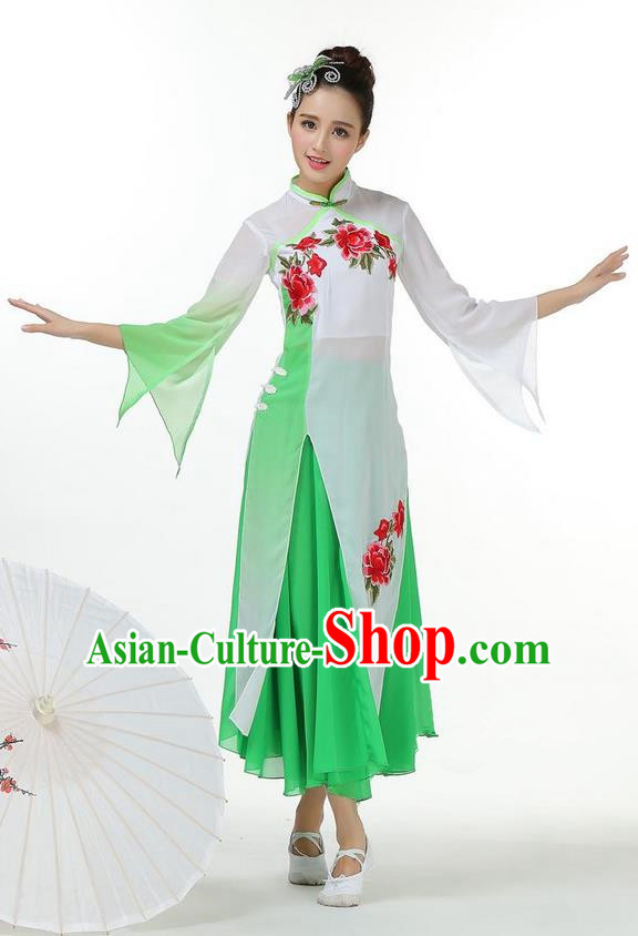 Traditional Chinese Yangge Fan Dancing Costume, Folk Dance Yangko Mandarin Collar Peony Painting Uniforms, Classic Lotus Dance Elegant Big Swing Dress Drum Dance Green Clothing for Women