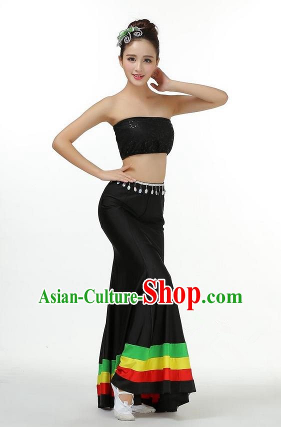 Traditional Chinese Dai Nationality Peacock Dancing Costume, Folk Dance Ethnic Fishtail Dress Palace Princess Uniform, Chinese Minority Nationality Dancing Black Clothing for Women