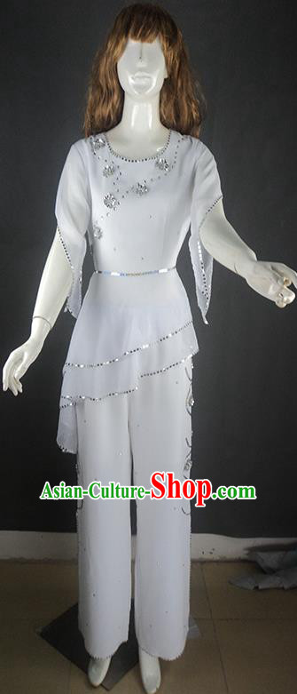 Traditional Chinese Yangge Fan Dancing Costume, Folk Dance Yangko Uniforms, Classic Umbrella Dance Elegant Big Swing Dress Drum Dance White Clothing for Women