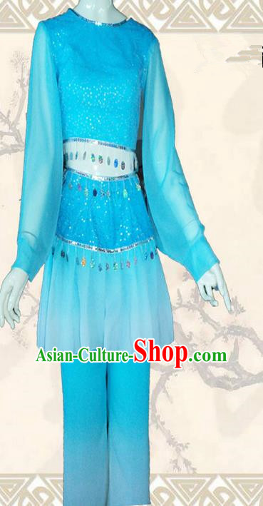 Traditional Chinese Yangge Fan Dancing Costume, Folk Dance Yangko Blouse and Pants Uniforms, Classic Umbrella Dance Elegant Dress Drum Dance Blue Clothing for Women