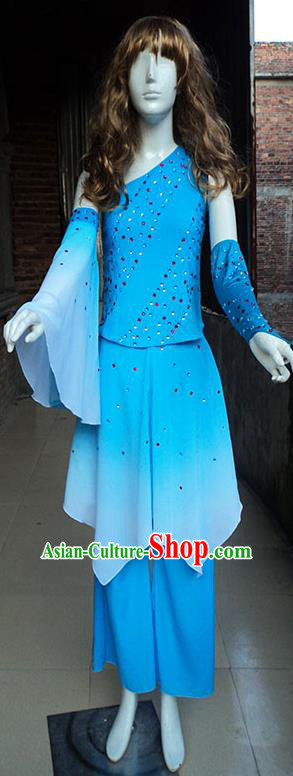 Traditional Chinese Yangge Fan Dancing Costume, Folk Dance Yangko Mandarin Sleeve Blouse and Pants Uniforms, Classic Umbrella Dance Elegant Dress Drum Dance Blue Clothing for Women