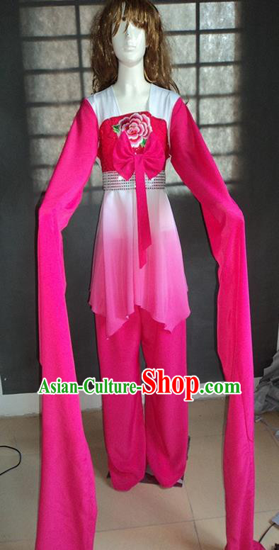 Traditional Chinese Ancient Yangge Fan Dancing Costume, Folk Dance Water Sleeve Uniforms, Classic Tang Dynasty Flying Dance Elegant Fairy Dress Drum Palace Dance Rose Clothing for Women