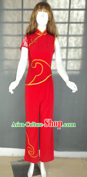 Traditional Chinese Yangge Fan Dancing Costume, Folk Dance Yangko Short Sleeve Uniforms, Classic Umbrella Dance Elegant Dress Drum Dance Red Clothing for Women