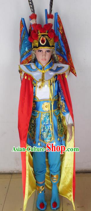 Traditional Chinese Peking Opera KnifeHorseDawn Costume and Hat Complete Set, Chinese Swordsman Children Uniforms, Classic Dance Elegant Dress Drum Dance Blue Clothing for Kids