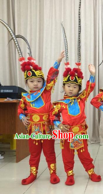 Traditional Chinese Peking Opera KnifeHorseDawn Costume and Hat Complete Set, Chinese Swordsman Children Uniforms, Classic Dance Elegant Dress Drum Dance Red Clothing for Kids