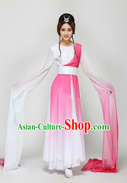 Traditional Chinese Ancient Yangge Fan Dancing Costume, Folk Dance Long Water Sleeve Dance Uniforms, Classic Tang Dynasty Flying Dance Elegant Fairy Dress Drum Palace Dance Pink Clothing for Women