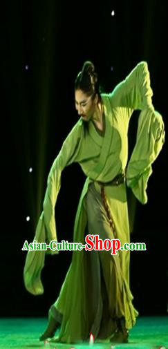 Traditional Chinese Ancient Yangge Fan Dancing Costume, Folk Dance Water Sleeve Uniforms, Classic Tang Dynasty Male Dance Elegant Dress Drum Palace Dance Green Clothing for Men