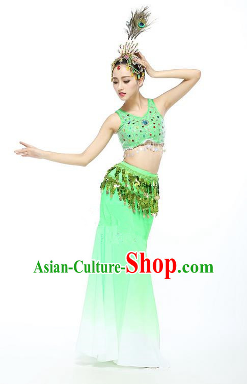 Traditional Chinese Dai Nationality Peacock Dancing Costume, Folk Dance Ethnic Fishtail Paillette Dress Palace Princess Uniform, Chinese Minority Nationality Dancing Green Clothing for Women