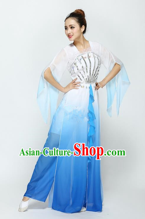 Traditional Chinese Yangge Fan Dancing Costume, Folk Dance Yangko Uniforms, Classic Modern Umbrella Dance Blue Dress Elegant Drum Dance Clothing for Women