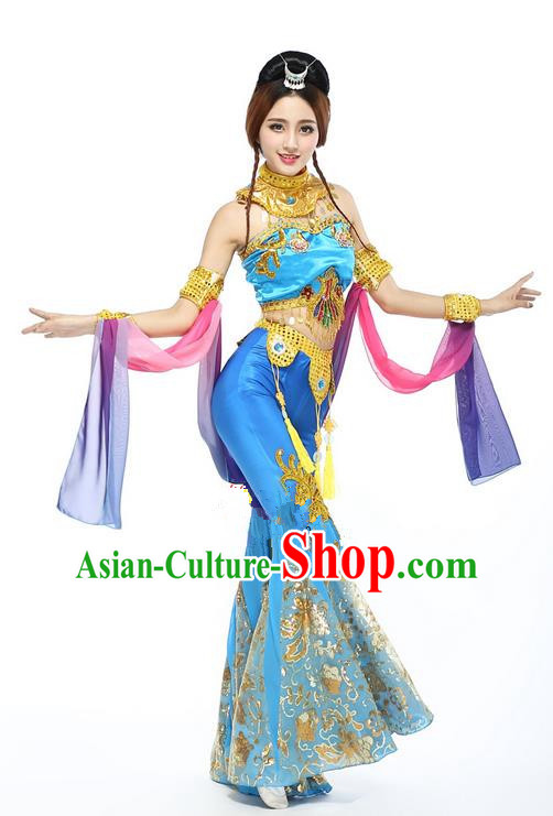 Traditional Chinese Ancient Yangge Fan Dancing Costume, Folk Dance Water Sleeve Uniforms, Classic Tang Dynasty Flying Dance Elegant Fairy Dress Drum Palace Dance Blue Embroidered Clothing for Women