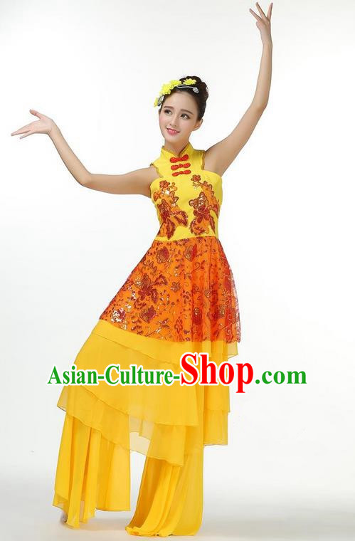 Traditional Chinese Yangge Fan Dancing Costume, Folk Dance Yangko Mandarin Sleeve Dress and Pants Butterfly Uniforms, Classic Lotus Dance Elegant Dress Drum Dance Gold Clothing for Women