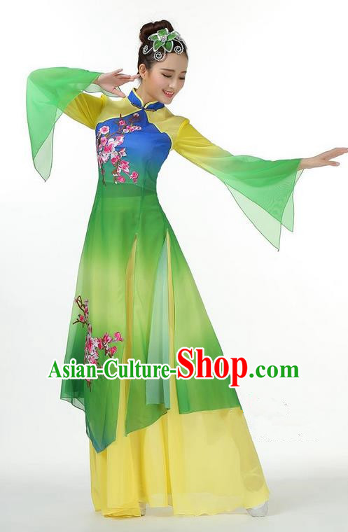 Traditional Chinese Yangge Fan Dancing Costume, Folk Dance Yangko Mandarin Sleeve Dress and Pants Plum Blossom Uniforms, Classic Umbrella Dance Elegant Dress Drum Dance Green Clothing for Women