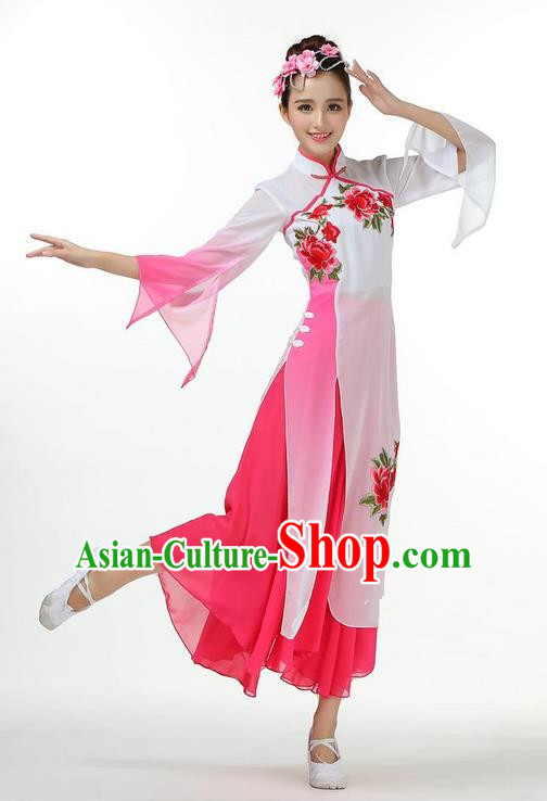 Traditional Chinese Yangge Fan Dancing Costume, Folk Dance Yangko Mandarin Sleeve Dress and Pants Peony Uniforms, Classic Umbrella Dance Elegant Dress Drum Dance Pink Clothing for Women