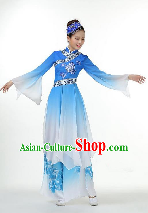 Traditional Chinese Yangge Fan Dancing Costume, Folk Dance Yangko Mandarin Collar Dress and Pants Paillette Peony Uniforms, Classic Umbrella Lotus Dance Elegant Dress Drum Dance Blue Clothing for Women